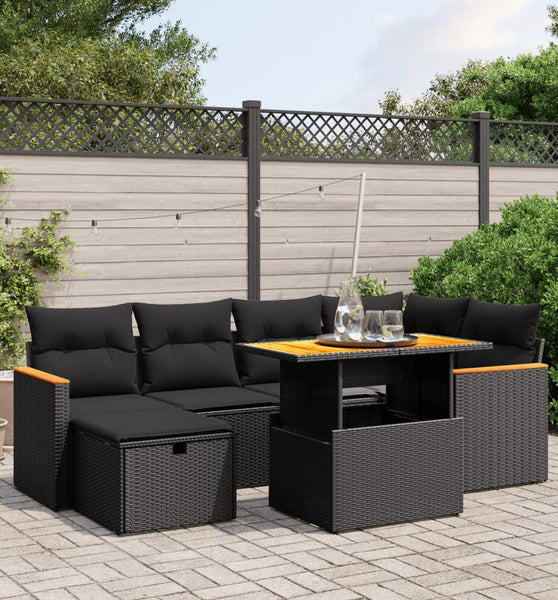 7-tlg. Garten-Sofagarnitur mit Kissen Schwarz Poly Rattan