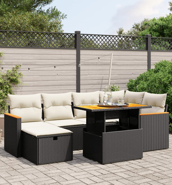 7-tlg. Garten-Sofagarnitur mit Kissen Schwarz Poly Rattan
