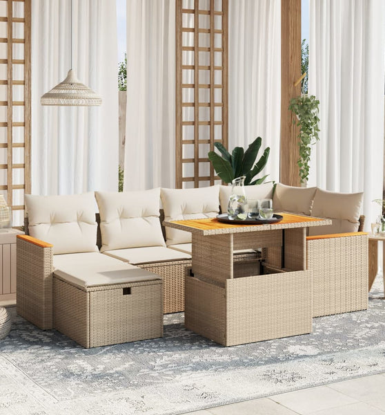 7-tlg. Garten-Sofagarnitur mit Kissen Beige Poly Rattan