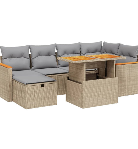 7-tlg. Garten-Sofagarnitur mit Kissen Beige Poly Rattan