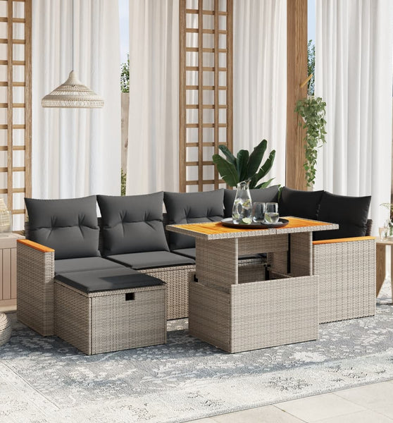 7-tlg. Garten-Sofagarnitur mit Kissen Grau Poly Rattan
