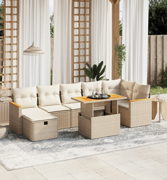 8-tlg. Garten-Sofagarnitur mit Kissen Beige Poly Rattan