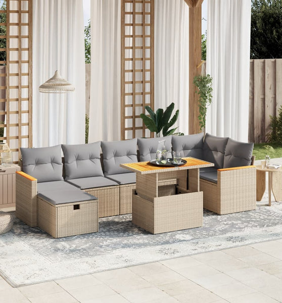 8-tlg. Garten-Sofagarnitur mit Kissen Beige Poly Rattan
