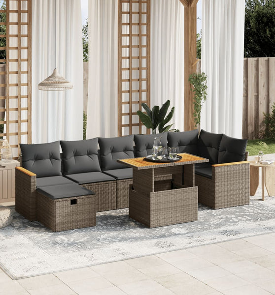 8-tlg. Garten-Sofagarnitur mit Kissen Grau Poly Rattan
