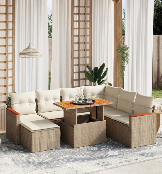 8-tlg. Garten-Sofagarnitur mit Kissen Beige Poly Rattan
