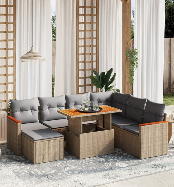8-tlg. Garten-Sofagarnitur mit Kissen Beige Poly Rattan