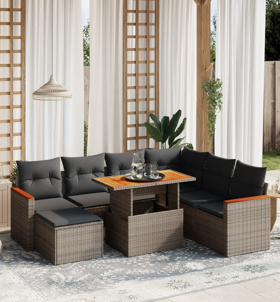 8-tlg. Garten-Sofagarnitur mit Kissen Grau Poly Rattan