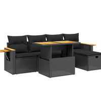 6-tlg. Garten-Sofagarnitur mit Kissen Schwarz Poly Rattan