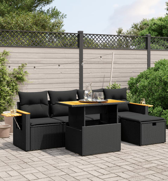 6-tlg. Garten-Sofagarnitur mit Kissen Schwarz Poly Rattan