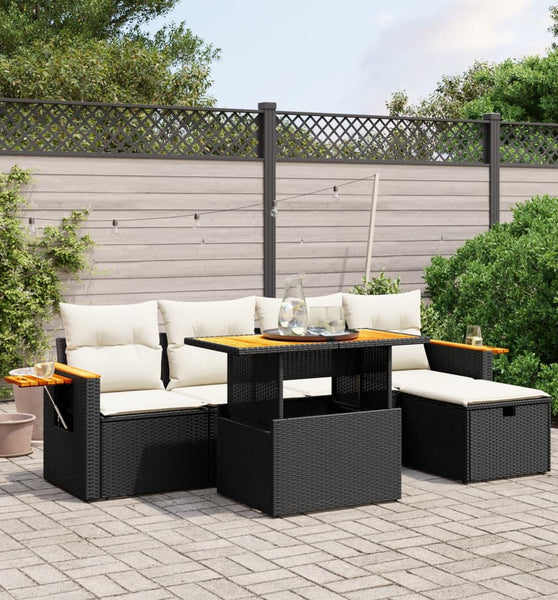 6-tlg. Garten-Sofagarnitur mit Kissen Schwarz Poly Rattan