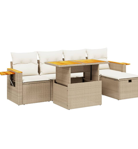6-tlg. Garten-Sofagarnitur mit Kissen Beige Poly Rattan