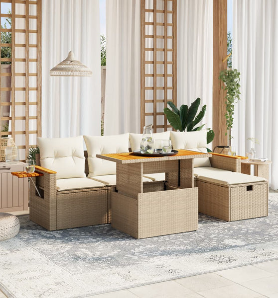 6-tlg. Garten-Sofagarnitur mit Kissen Beige Poly Rattan