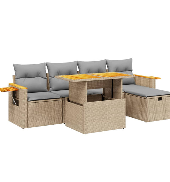 6-tlg. Garten-Sofagarnitur mit Kissen Beige Poly Rattan