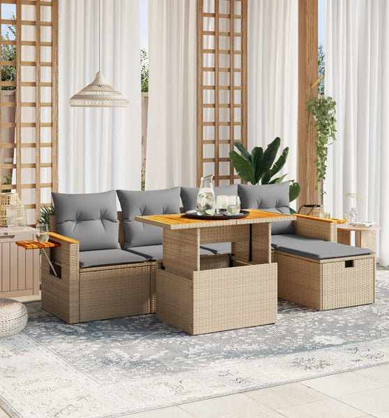 6-tlg. Garten-Sofagarnitur mit Kissen Beige Poly Rattan