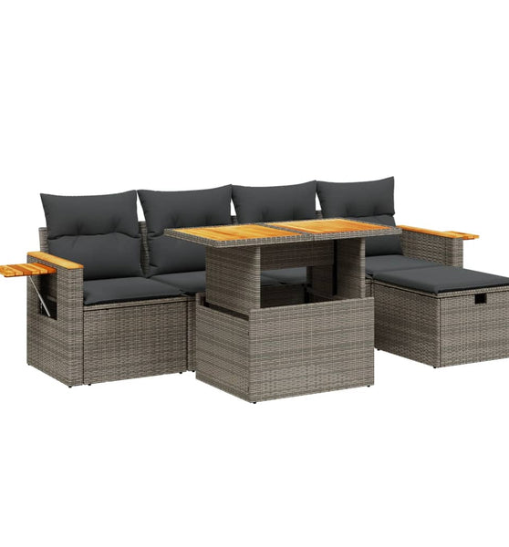 6-tlg. Garten-Sofagarnitur mit Kissen Grau Poly Rattan