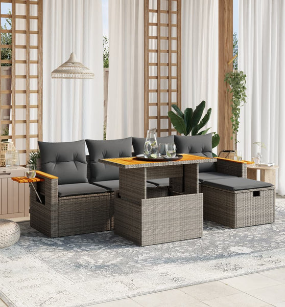 6-tlg. Garten-Sofagarnitur mit Kissen Grau Poly Rattan