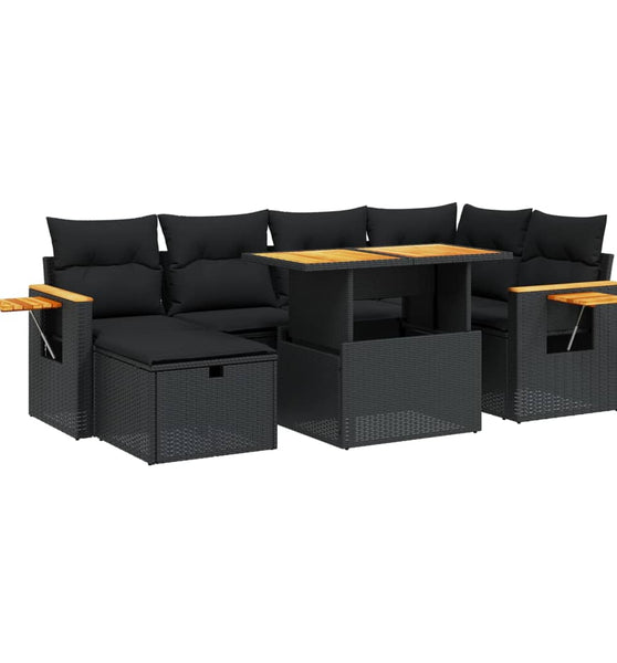7-tlg. Garten-Sofagarnitur mit Kissen Schwarz Poly Rattan