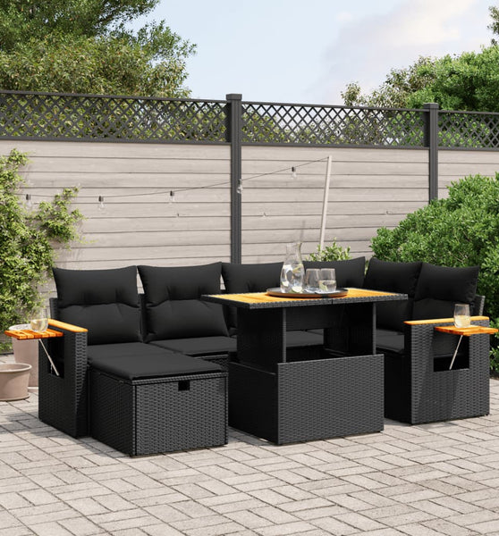 7-tlg. Garten-Sofagarnitur mit Kissen Schwarz Poly Rattan