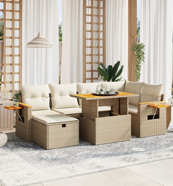 7-tlg. Garten-Sofagarnitur mit Kissen Beige Poly Rattan