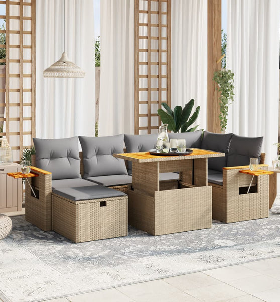 7-tlg. Garten-Sofagarnitur mit Kissen Beige Poly Rattan