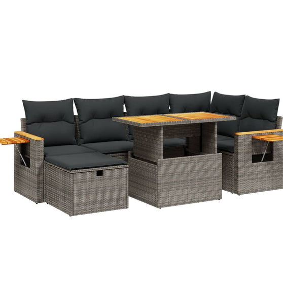 7-tlg. Garten-Sofagarnitur mit Kissen Grau Poly Rattan