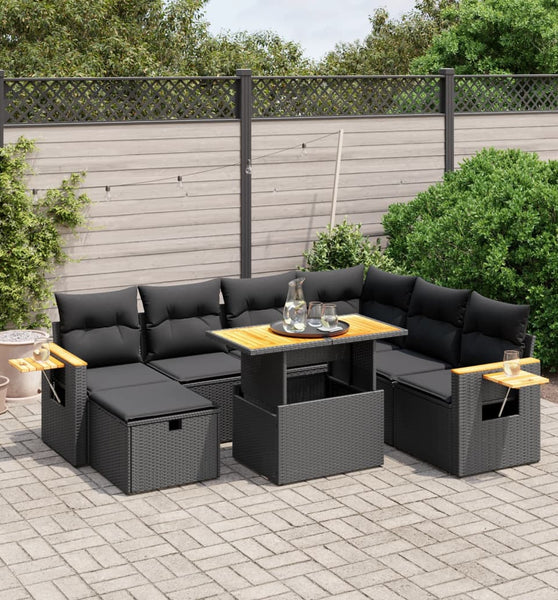 8-tlg. Garten-Sofagarnitur mit Kissen Schwarz Poly Rattan