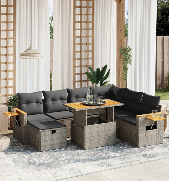 8-tlg. Garten-Sofagarnitur mit Kissen Grau Poly Rattan