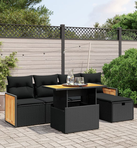 6-tlg. Garten-Sofagarnitur mit Kissen Schwarz Poly Rattan
