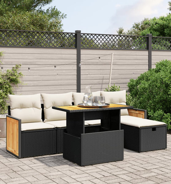 6-tlg. Garten-Sofagarnitur mit Kissen Schwarz Poly Rattan