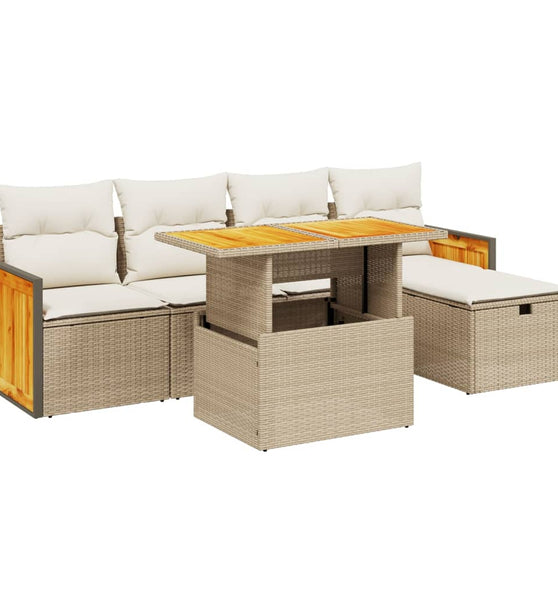 6-tlg. Garten-Sofagarnitur mit Kissen Beige Poly Rattan