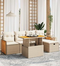 6-tlg. Garten-Sofagarnitur mit Kissen Beige Poly Rattan