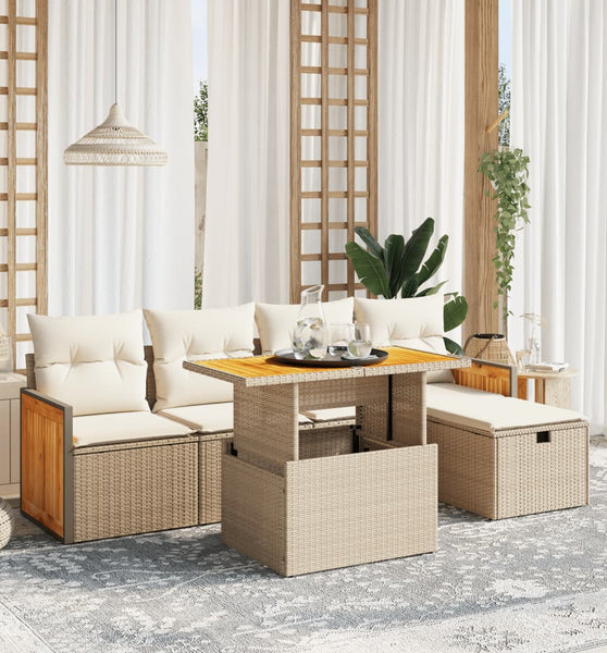 6-tlg. Garten-Sofagarnitur mit Kissen Beige Poly Rattan