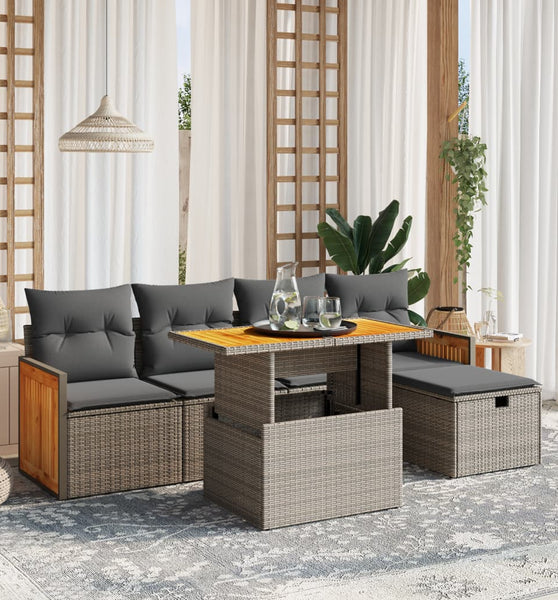 6-tlg. Garten-Sofagarnitur mit Kissen Grau Poly Rattan