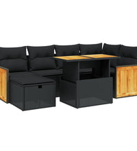 7-tlg. Garten-Sofagarnitur mit Kissen Schwarz Poly Rattan
