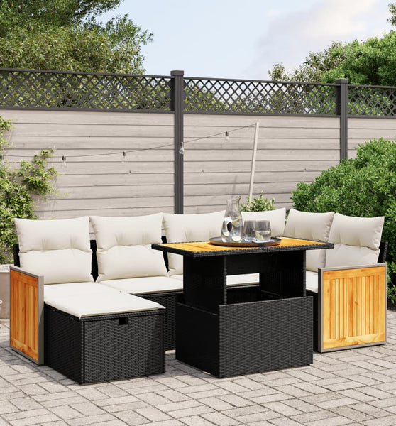 7-tlg. Garten-Sofagarnitur mit Kissen Schwarz Poly Rattan