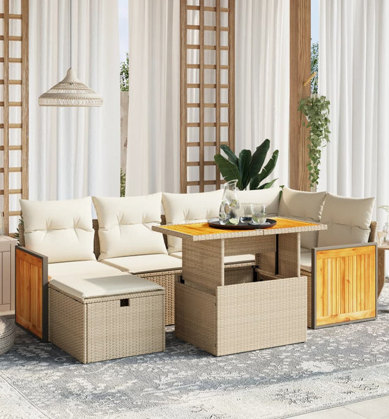 7-tlg. Garten-Sofagarnitur mit Kissen Beige Poly Rattan