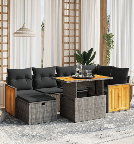 7-tlg. Garten-Sofagarnitur mit Kissen Grau Poly Rattan