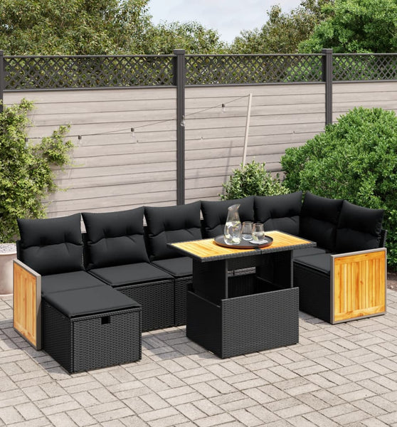 8-tlg. Garten-Sofagarnitur mit Kissen Schwarz Poly Rattan