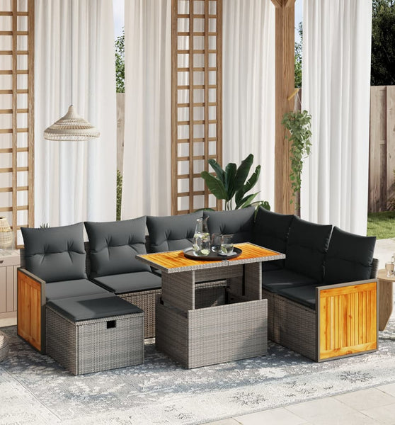8-tlg. Garten-Sofagarnitur mit Kissen Grau Poly Rattan