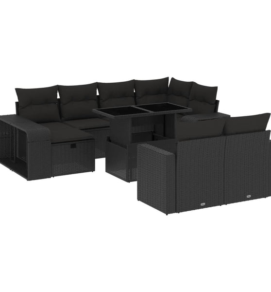 11-tlg. Garten-Sofagarnitur mit Kissen Schwarz Poly Rattan