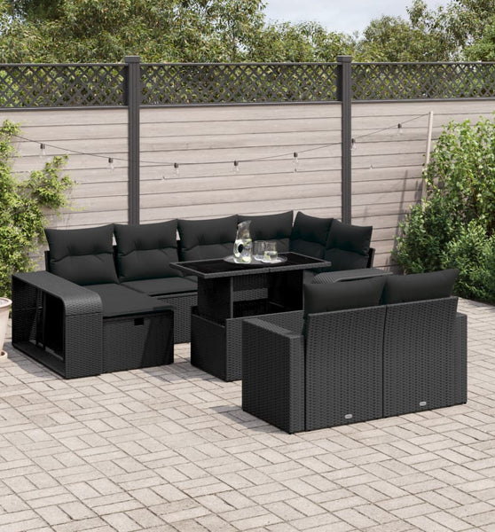 11-tlg. Garten-Sofagarnitur mit Kissen Schwarz Poly Rattan