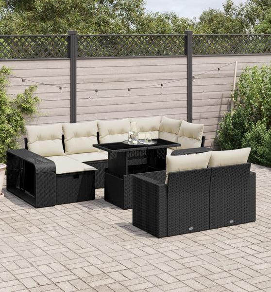 11-tlg. Garten-Sofagarnitur mit Kissen Schwarz Poly Rattan