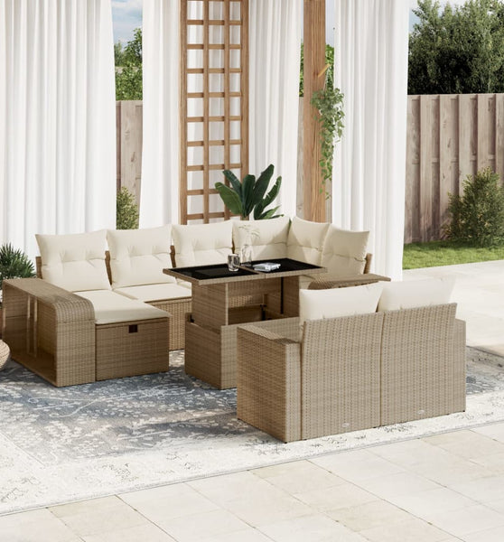 11-tlg. Garten-Sofagarnitur mit Kissen Beige Poly Rattan