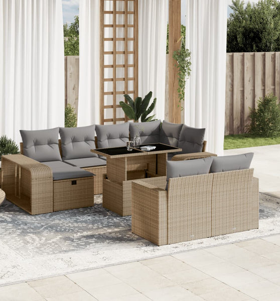 11-tlg. Garten-Sofagarnitur mit Kissen Beige Poly Rattan