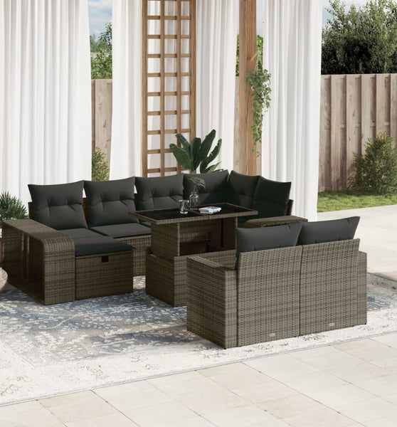 11-tlg. Garten-Sofagarnitur mit Kissen Grau Poly Rattan