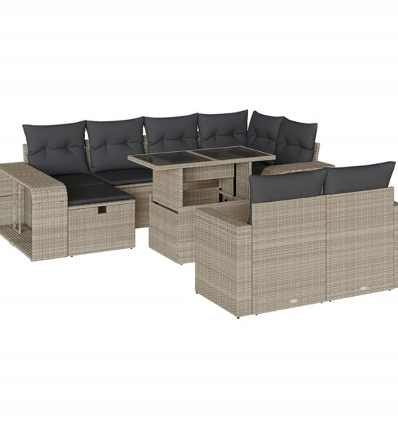 11-tlg. Garten-Sofagarnitur mit Kissen Hellgrau Poly Rattan