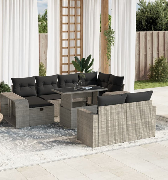 11-tlg. Garten-Sofagarnitur mit Kissen Hellgrau Poly Rattan