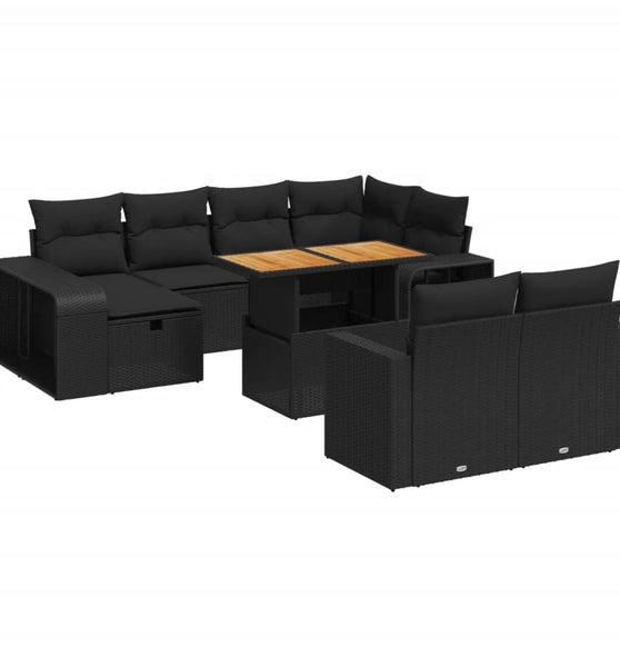 11-tlg. Garten-Sofagarnitur mit Kissen Schwarz Poly Rattan