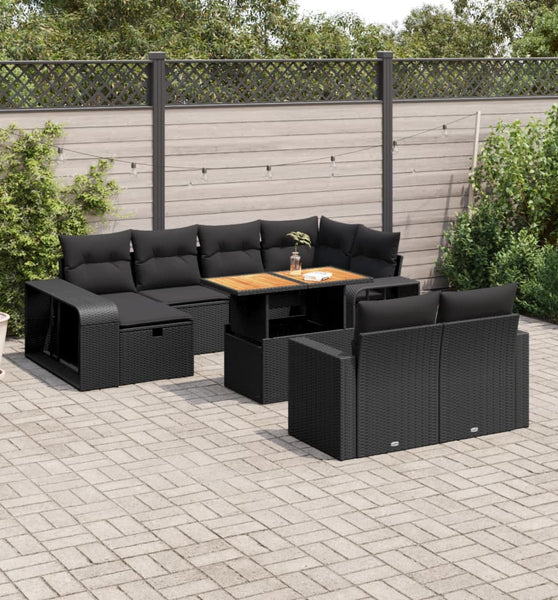 11-tlg. Garten-Sofagarnitur mit Kissen Schwarz Poly Rattan