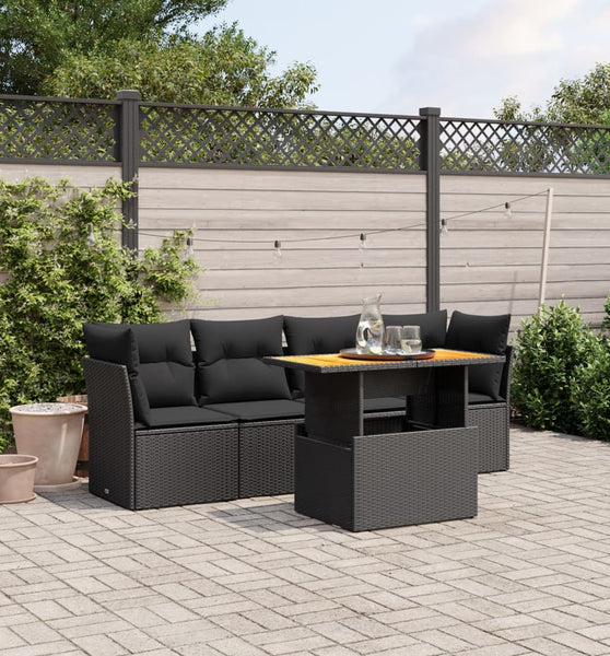 5-tlg. Garten-Sofagarnitur mit Kissen Schwarz Poly Rattan
